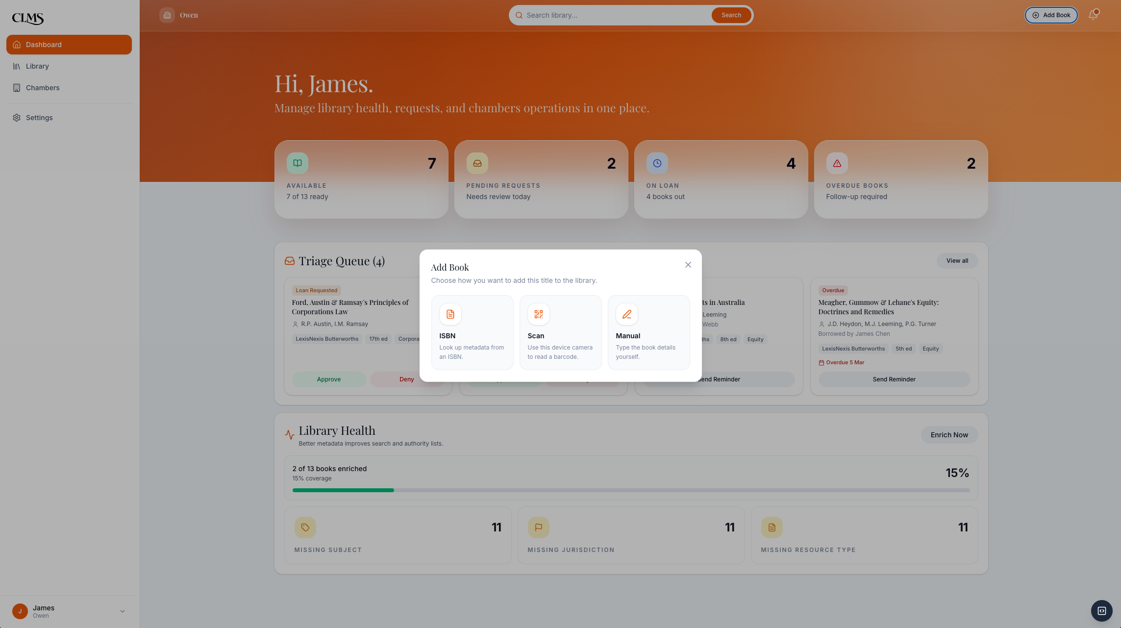 CLMS add book modal with ISBN, scan, and manual options
