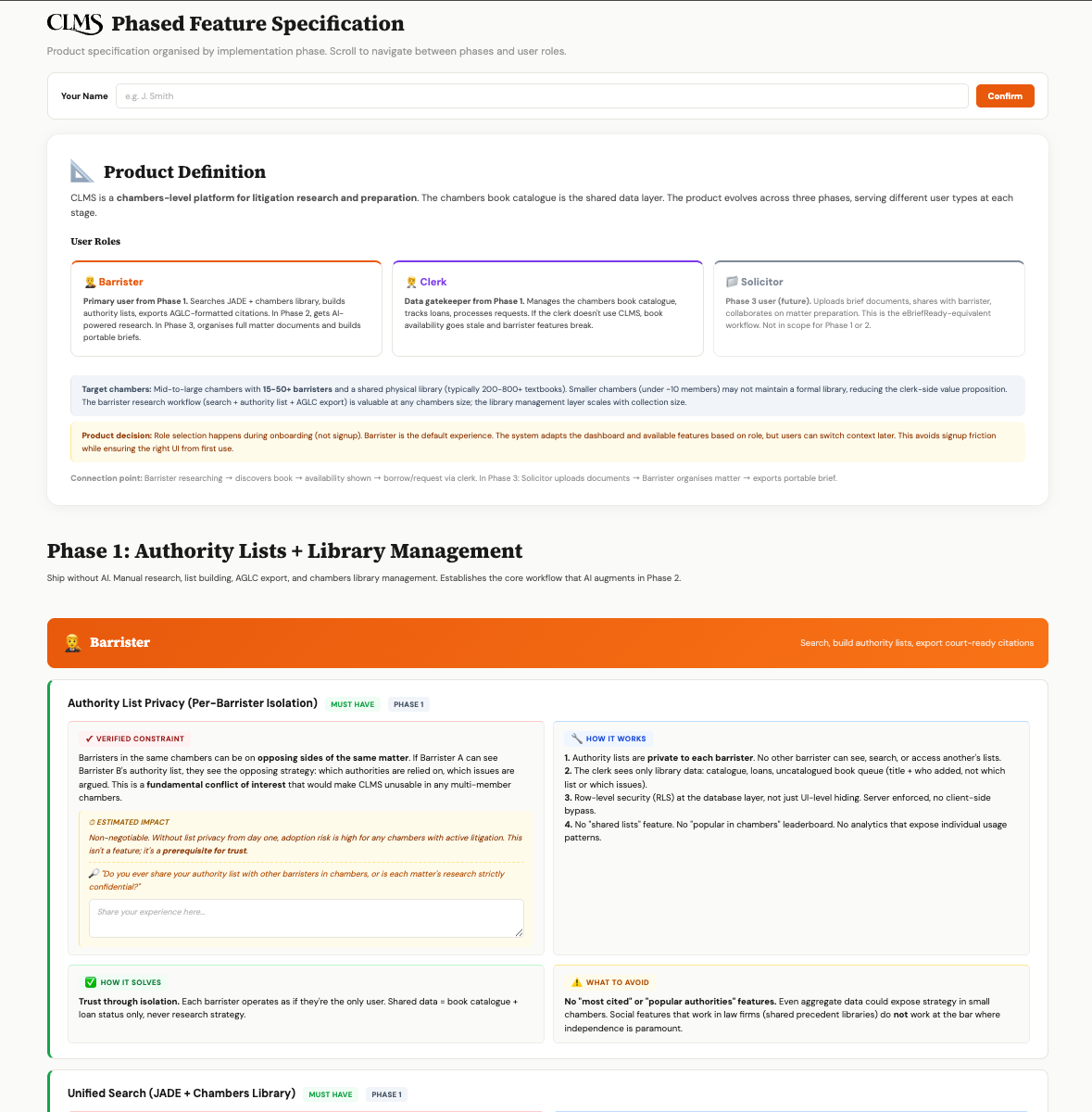 CLMS product definition: phased architecture, role definitions, and Phase 1 privacy architecture