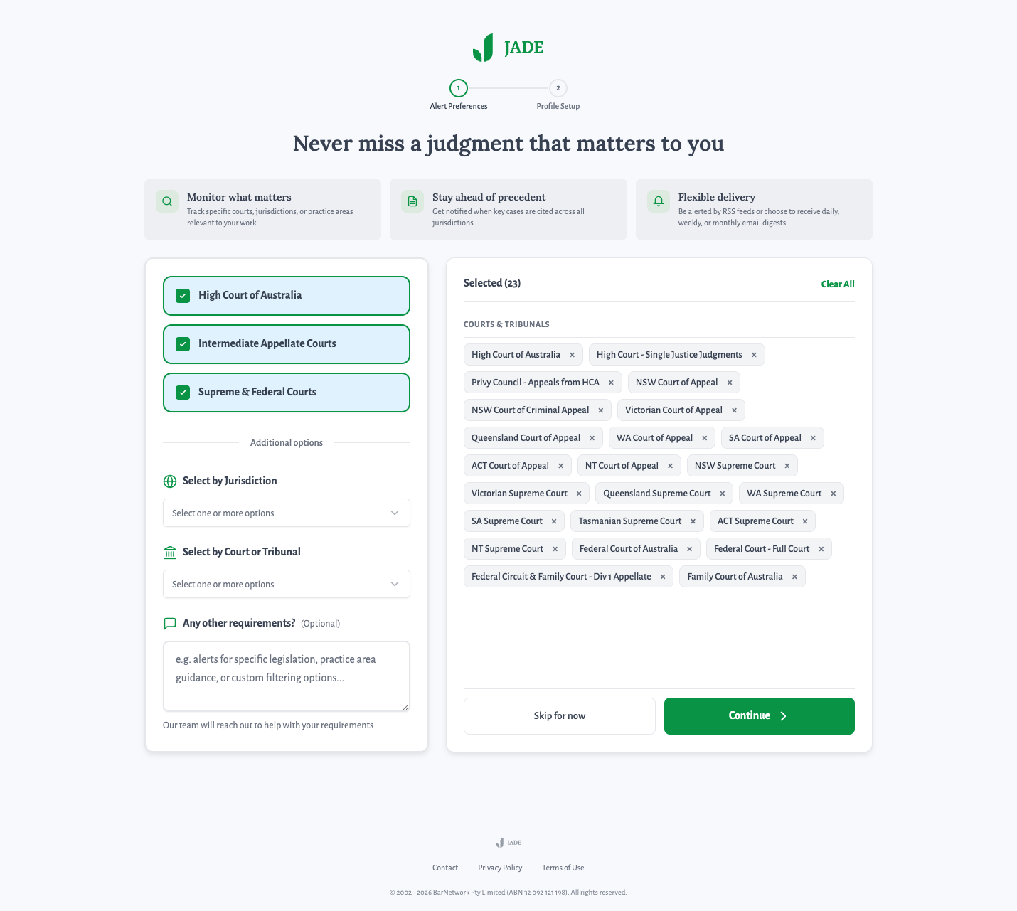 Alert preferences with jurisdiction and court selection