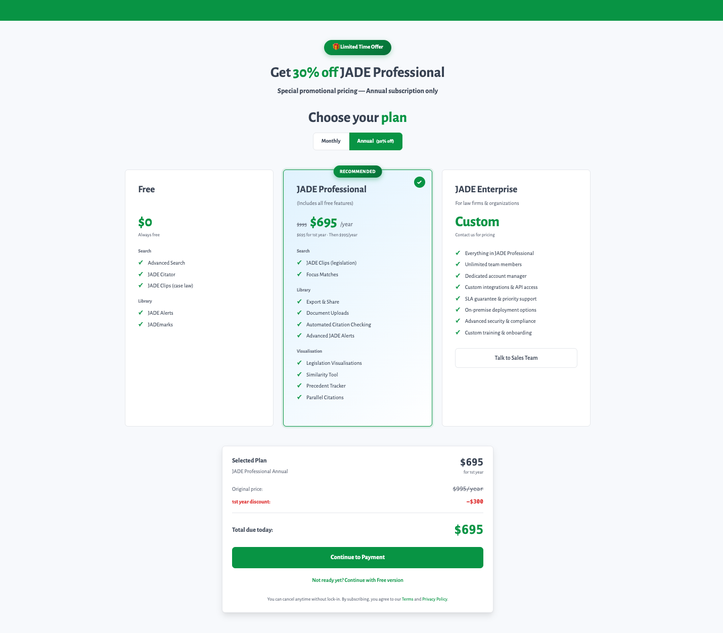 JADE pricing page with Free, Professional, and Enterprise plans