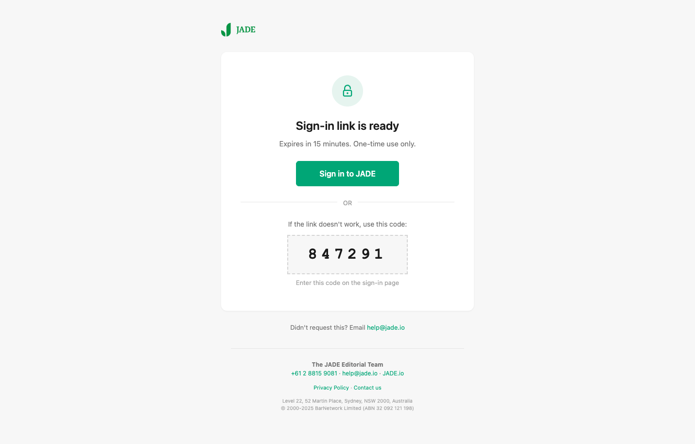 JADE magic link verification email