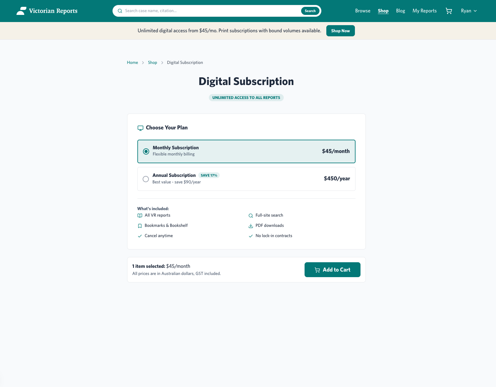 Victorian Reports digital subscription page